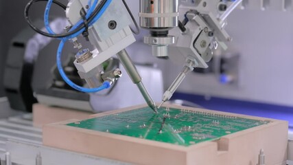 Process of selective soldering components to printed circuit board at factory, exhibition - close up view. Automated technology, industrial, robotic, electronic, production, manufacturing concept