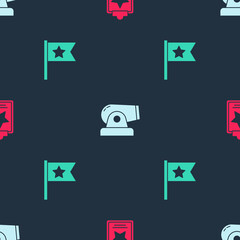 Set USA Independence day, Cannon and American flag on seamless pattern. Vector