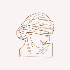 Linear drawings of heads of antique statues of the goddess and mythical god in the engraving style. Creative minimal linear woman vector with growing branch from her head.