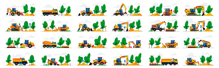 Set of construction equipment work at the site. Collection of machines for construction on a landscape. Excavator, bulldozer, tractor, loader, concrete mixer, asphalt paver, signs.Vector illustration