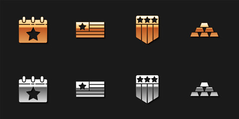 Set Calendar with date July 4, American flag, Shield stars and Gold bars icon. Vector