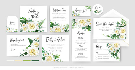 Vector, botanical, floral wedding invite, save the date, menu, thank you, label card tender template set. Yellow, white rose, camellia flower, greenery eucalyptus, green fern leaves watercolor bouquet