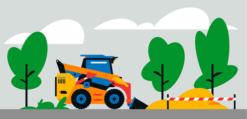 Naklejka premium Construction machinery works at the site. Construction machinery, compact excavator, loader on the background of a landscape of trees, sand. Vector illustration on background