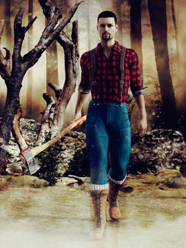 Young lumberjack with an axe walking in an old withered forest with stone ruins. 3D render - the man in the image is a 3D object.