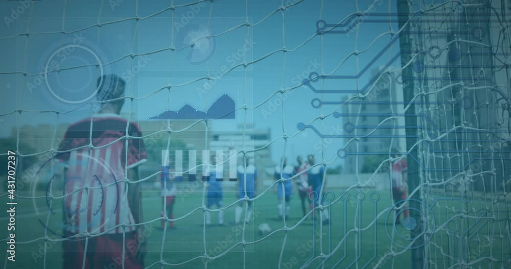 Poster digital interface and microprocessor connection against male soccer player scoring from penalty kick