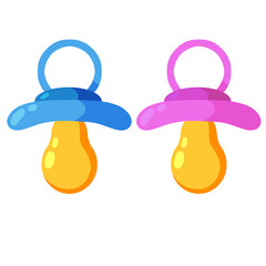 Children dummy. Pacifier set for boy and girl. Kid toy. Nipple for newborns. Flat cartoon illustration