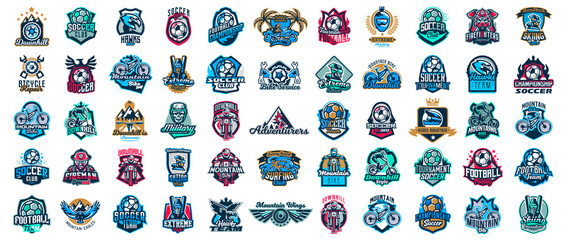 Huge set of colorful sports logos, emblems. Extreme and team sports logos. Mountain bike, surfing, soccer ball, skier, eagle, firefighter, skull. Vector illustration isolated on background.