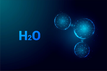 Water molecule  abstract background. Wireframe low poly style.  Science, biotechnology, chemistry,  medical concept. Isolated on dark blue background. Vector illustration.