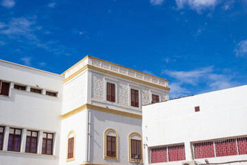 Historic white  building in the medina of Casablanca, Morocco. This house built by the Maghzen had been ceded, in 1902, to the German Government to install its consulate there before 1920.