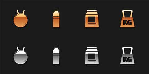 Set Kettlebell, Fitness shaker, Sports nutrition and Weight icon. Vector