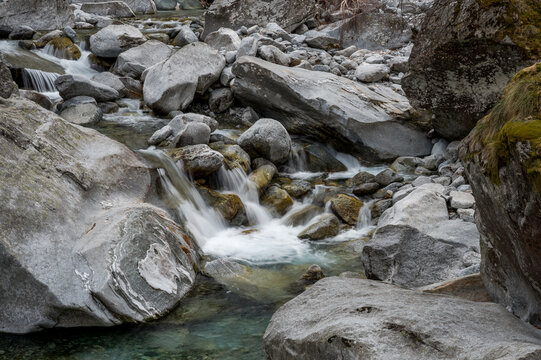 cristall clear water of mountain creek Caln&egrave;gia in Valle Bavona, Ticino