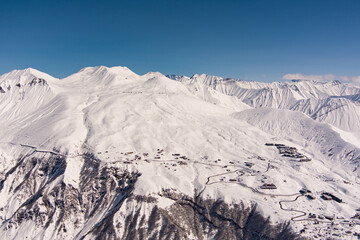 Caucasus mountains in the snow, aero view