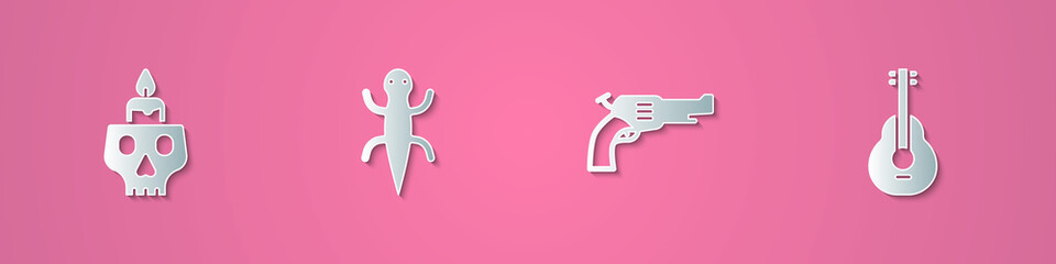 Set paper cut Burning candle on a skull, Lizard, Revolver gun and Mexican guitar icon. Paper art style. Vector
