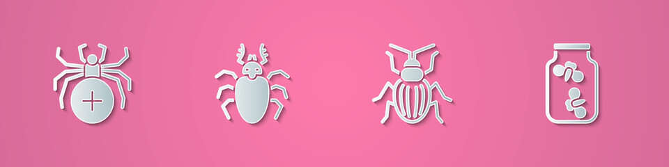 Set paper cut Spider, Beetle deer, Chafer beetle and Fireflies bugs in jar icon. Paper art style. Vector