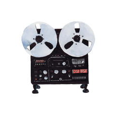 Watercolor illustration of retro audio cassette recorder reel-to-reel hand drawn on paper isolated on white