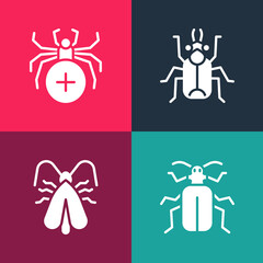 Set pop art Chafer beetle, Clothes moth, Beetle bug and Spider icon. Vector