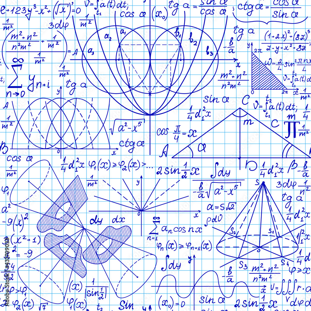 Poster math vector seamless background with formulas, tasks, calculations handwritten on blue grid copybook