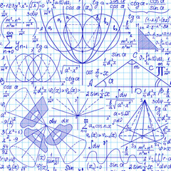 Math vector seamless background with formulas, tasks, calculations handwritten on blue grid copybook paper