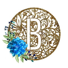 Lace circle golden letter B with blue flower peony and green leaves. Texture Monogram letter B. Printable design.