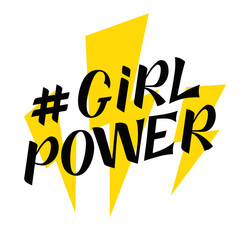 Girl power black handwritten inscription on background with lightning. GRL PWR hand lettering. Feminist slogan. Empowering phrase. Modern illustration for t-shirt, sweatshirt, or other apparel print.