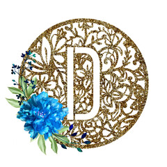 Lace circle golden letter D with blue flower peony and green leaves. Texture Monogram letter D. Printable design.