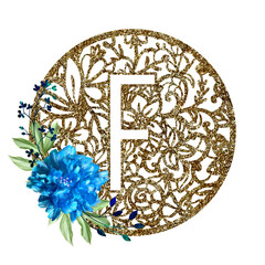 Lace circle golden letter F with blue flower peony and green leaves. Texture Monogram letter F. Printable design.