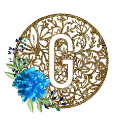 Lace circle golden letter G with blue flower peony and green leaves. Texture Monogram letter G. Printable design.