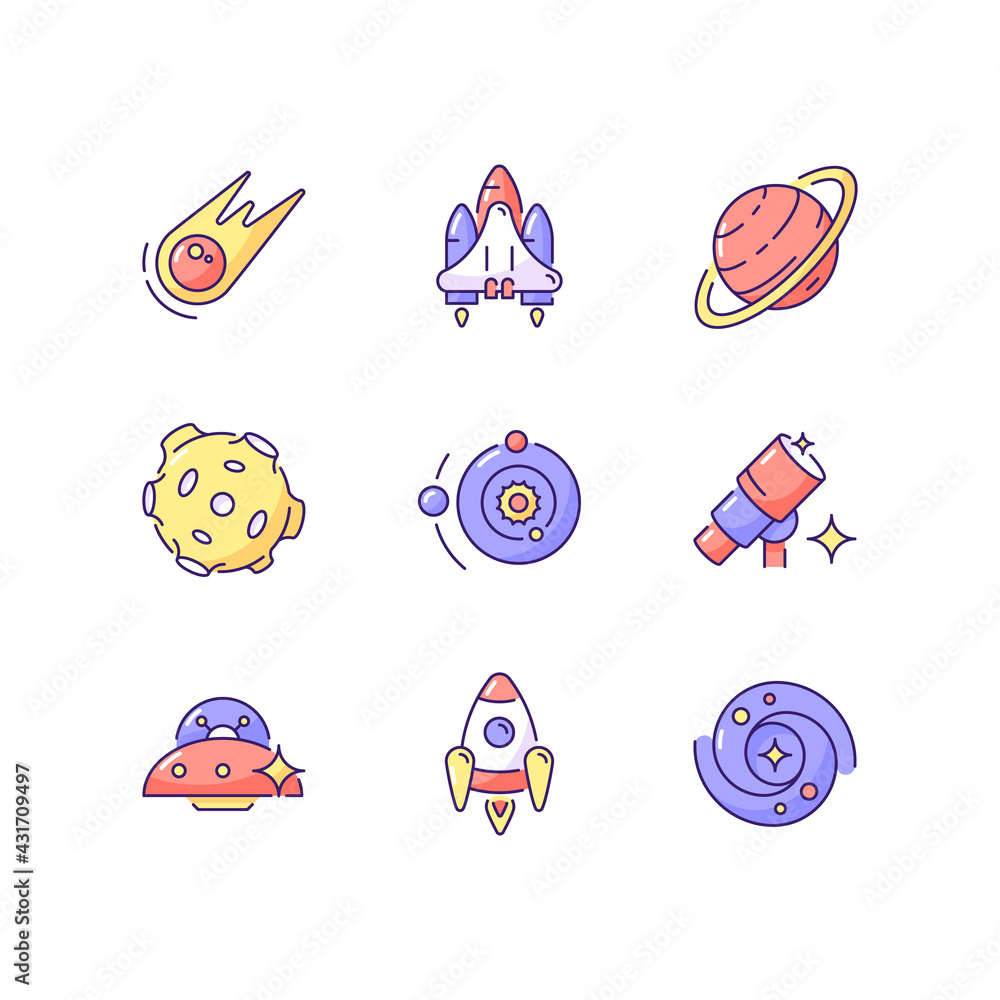 Poster astronautic rgb color icons set. person trained by special spaceflight program to serve as crew memb