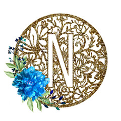 Lace circle golden letter N with blue flower peony and green leaves. Texture Monogram letter N. Printable design.