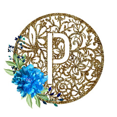 Lace circle golden letter P with blue flower peony and green leaves. Texture Monogram letter P. Printable design.