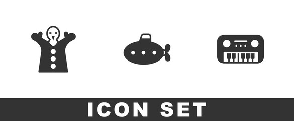 Set Toy puppet doll on hand, Submarine toy and piano icon. Vector