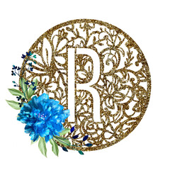 Lace circle golden letter R with blue flower peony and green leaves. Texture Monogram letter R. Printable design.