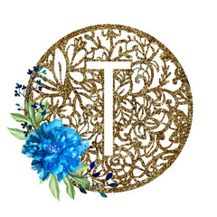 Lace circle golden letter T with blue flower peony and green leaves. Texture Monogram letter T. Printable design.