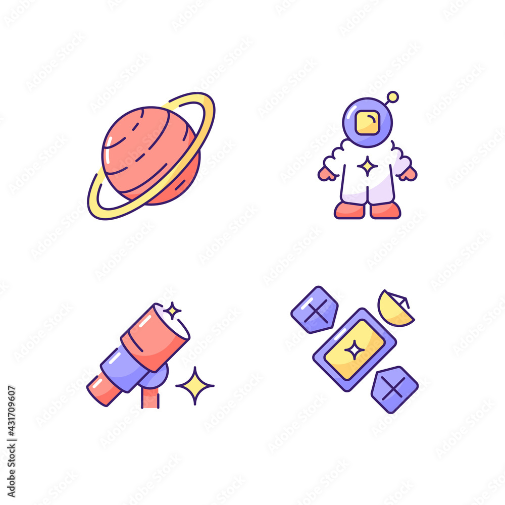 Poster astronautic rgb color icons set. tools for making star maps and maps of planetary surfaces. optical 