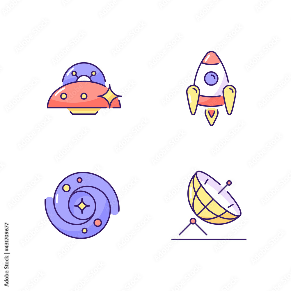 Poster astronautic rgb color icons set. antenna designed to receive information by radio waves remotely. sy