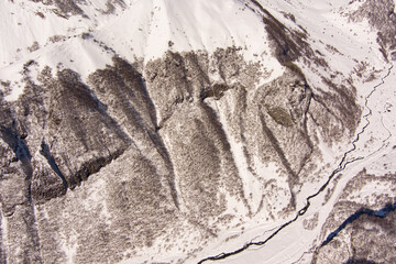 Caucasus mountains in the snow, aero view