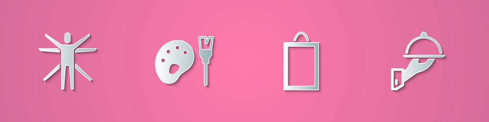 Set paper cut Vitruvian Man, Paint brush with palette, Picture and Covered tray of food icon. Paper art style. Vector