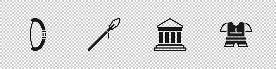 Set Medieval bow, spear, Parthenon and Body armor icon. Vector