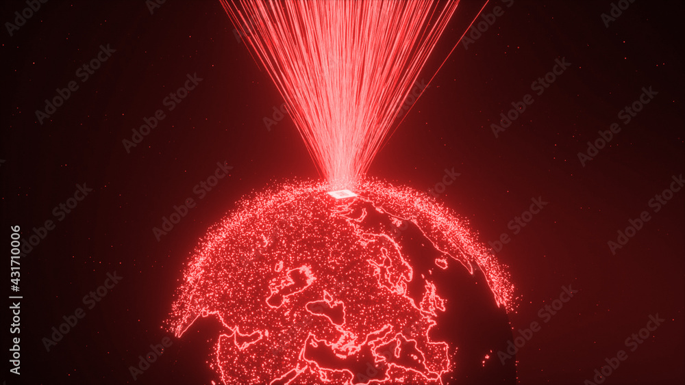Aufkleber cpu technology background. 3d illustration a powerful processor on the planet earth emits a data str