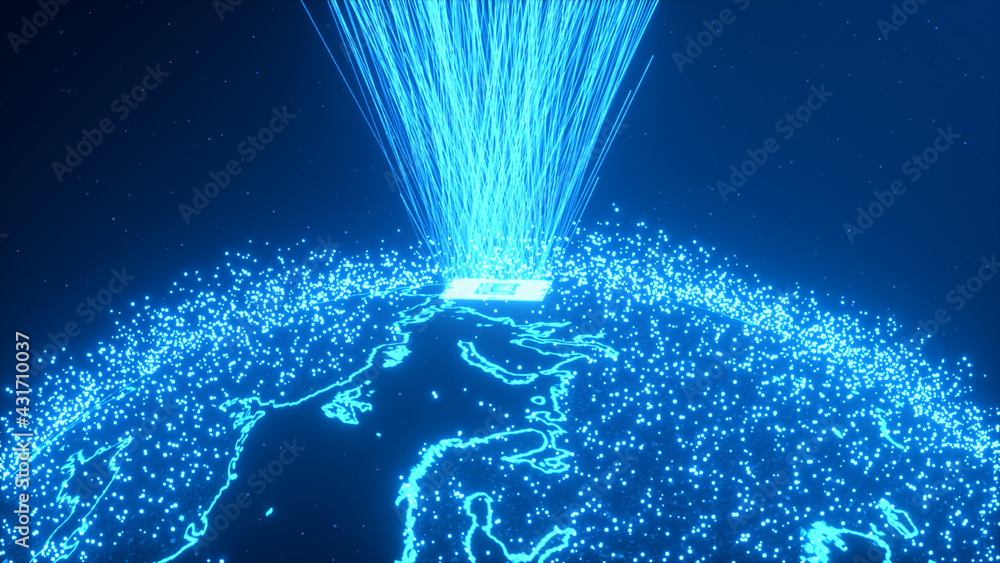 Poster cpu technology background. 3d illustration a powerful processor on the planet earth emits a data str