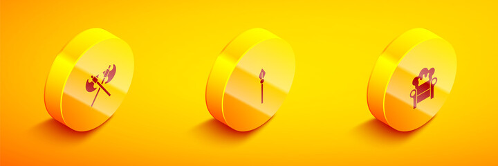 Set Isometric Crossed medieval axes, Medieval spear and throne icon. Vector