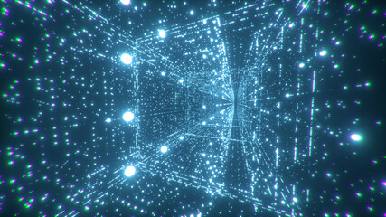 Digital technology tunnel. 3D illustration Big Data Digital square corridor with futuristic matrix. Binary code particle network. Motion and communication technology background. Flashing particles.