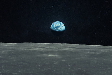 Blue planet earth view from the moon. Travel to the moon. Space wallpaper