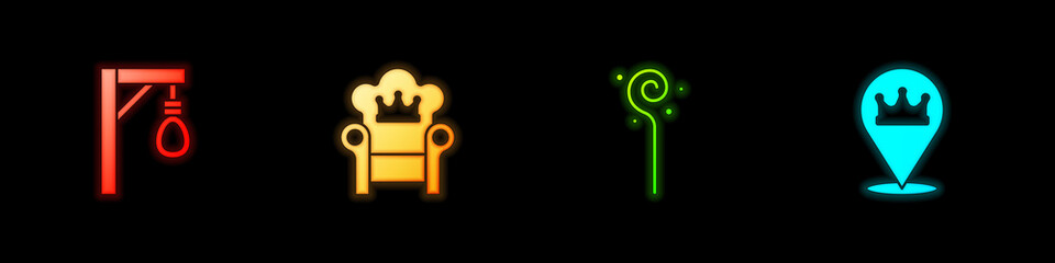 Set Gallows, Medieval throne, Magic staff and Location king crown icon. Vector
