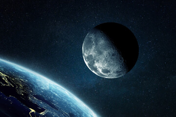 Beautiful moon with craters near the amazing blue planet earth in outer space. Space and orbit,...