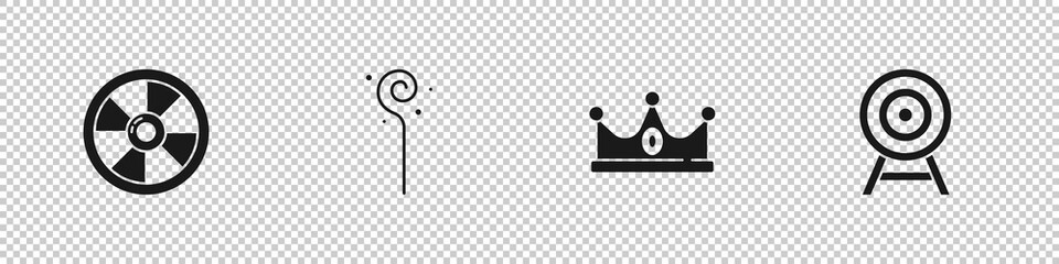 Set Round wooden shield, Magic staff, King crown and Target with arrow icon. Vector