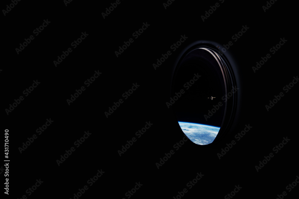 Poster spaceship windows overlooking the blue planet earth and the iss station. space travel concept. place
