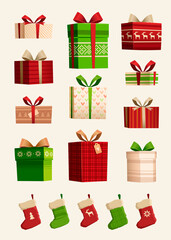Big vector set of christmas gifts and socks. Ideas for postcards, souvenirs, invitations.