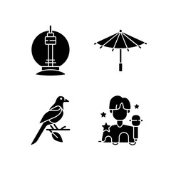 Korean traditions black glyph icons set on white space. N Seoul tower. Traditional umbrella. Oriental magpie. K pop musician. Asian culture. Silhouette symbols. Vector isolated illustration