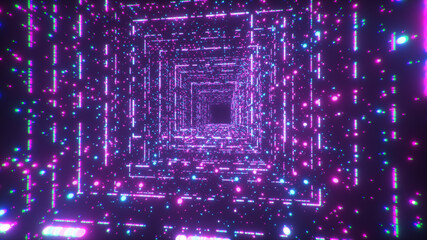 Digital technology tunnel. 3D illustration Big Data Digital square corridor with futuristic matrix. Binary code particle network. Motion and communication technology background. Flashing particles.